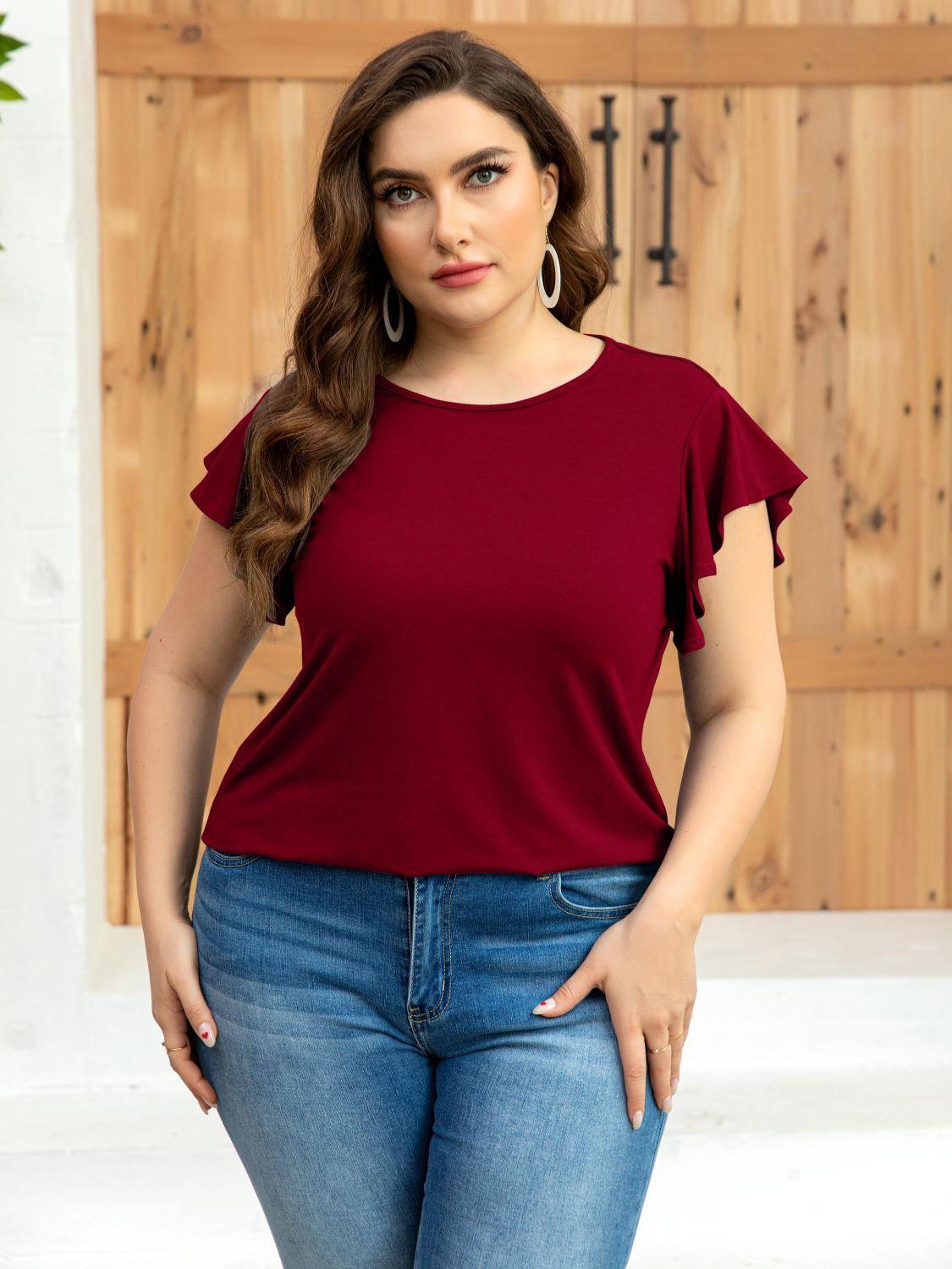 Enthusiastic Round Neck Plus Size Flutter Sleeve Top - MXSTUDIO.COM