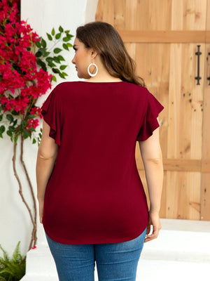 Enthusiastic Round Neck Plus Size Flutter Sleeve Top - MXSTUDIO.COM