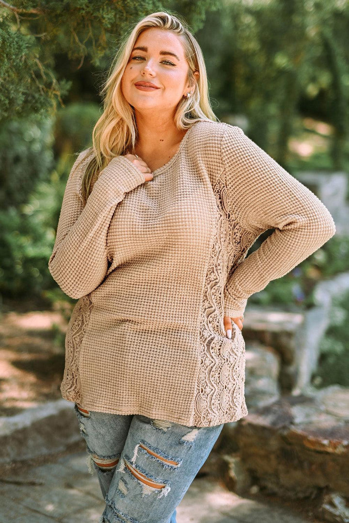Entice Lace Splicing Plus Size Waffle-Knit Top - MXSTUDIO.COM