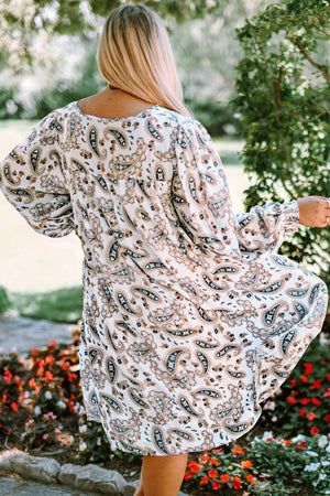 Enviable Puff Sleeve Plus Size Paisley Print Dress - MXSTUDIO.COM