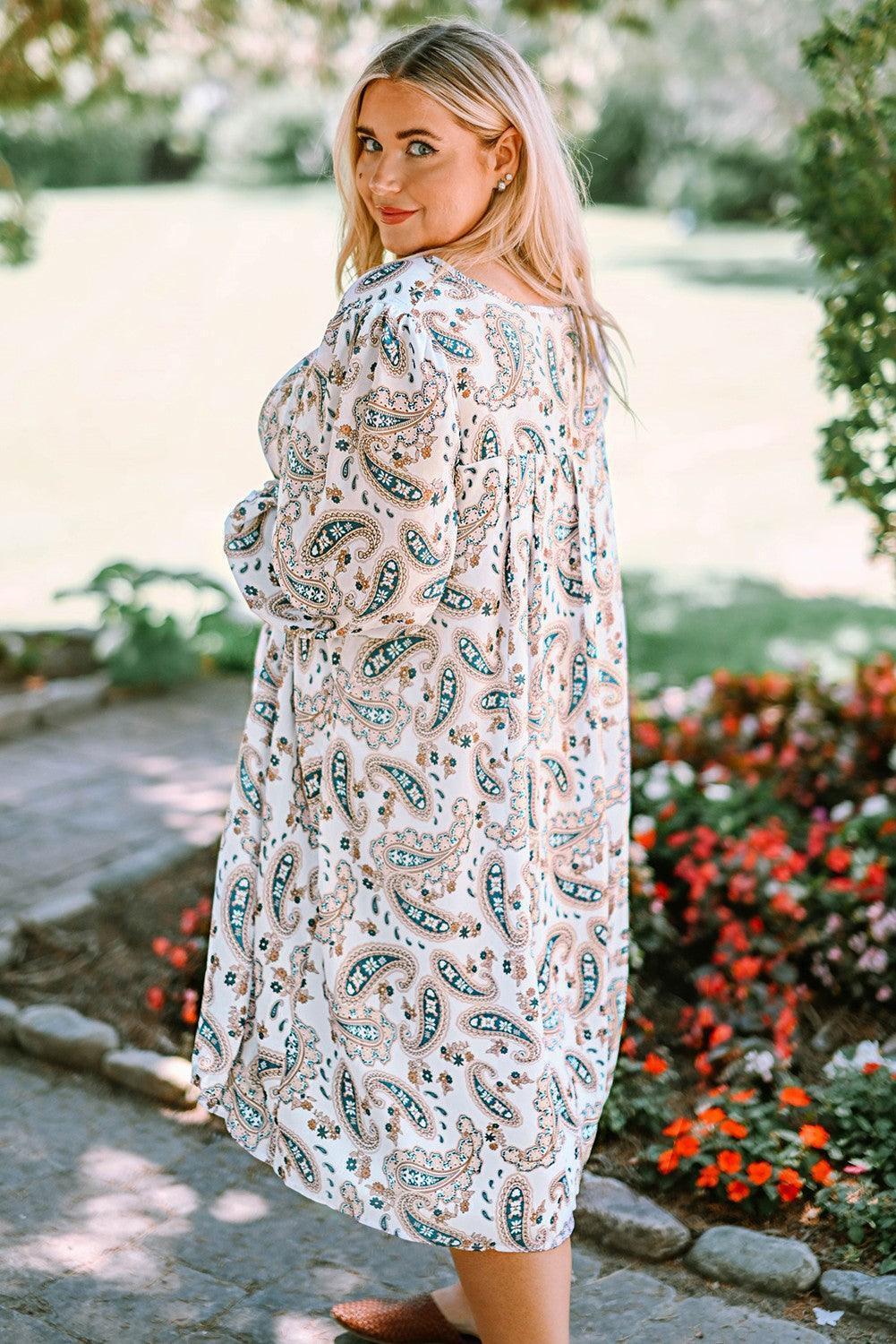 Enviable Puff Sleeve Plus Size Paisley Print Dress - MXSTUDIO.COM