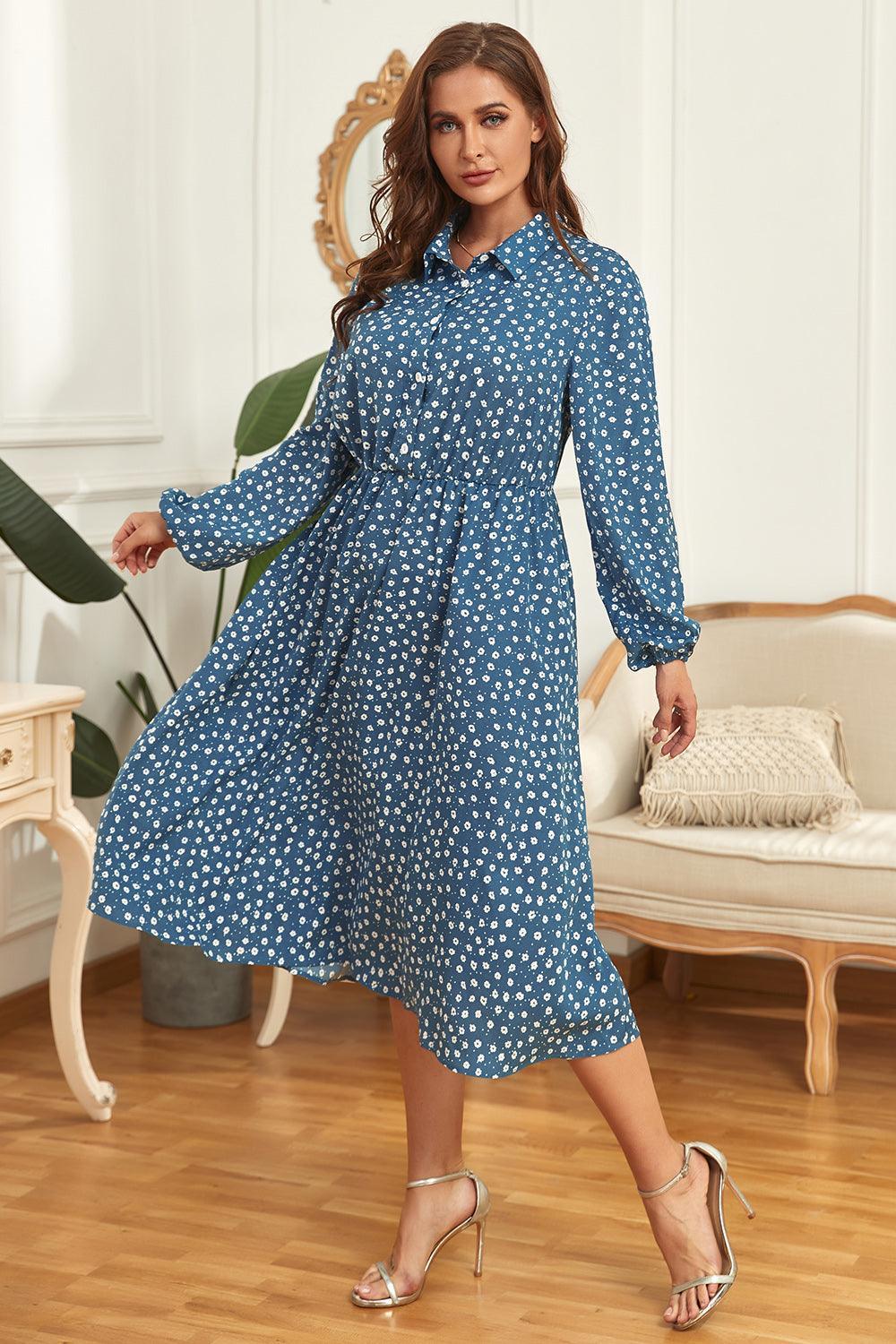 Exceptional Long Sleeve Azure Plus Size Shirt Dress - MXSTUDIO.COM