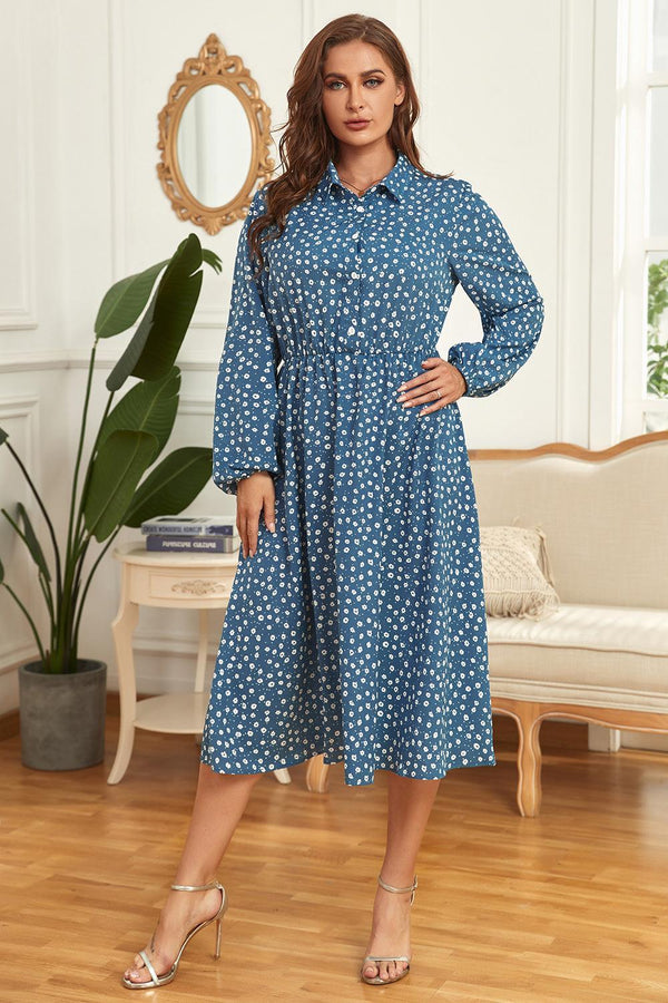 Exceptional Long Sleeve Azure Plus Size Shirt Dress - MXSTUDIO.COM