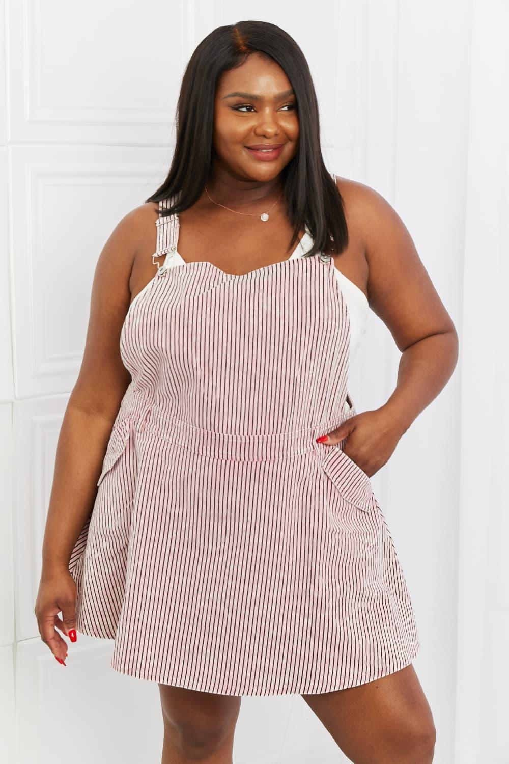 Exquisite Cotton Pink Striped Plus Size Overall Dress - MXSTUDIO.COM