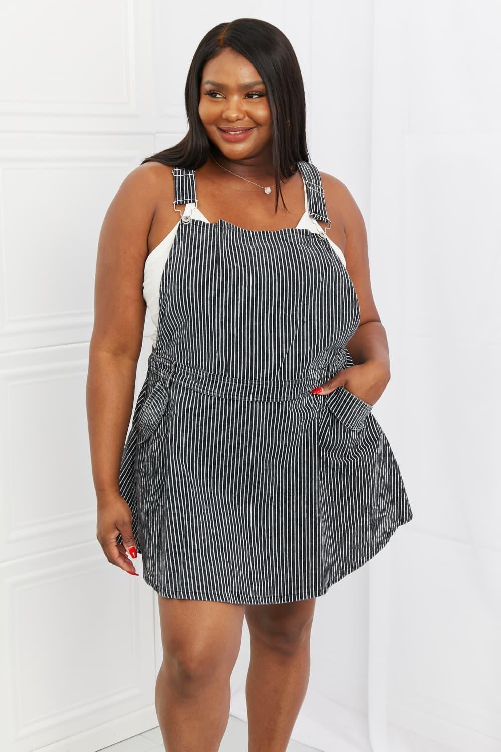 Exquisite Cotton Striped Black Plus Size Overall Dress - MXSTUDIO.COM