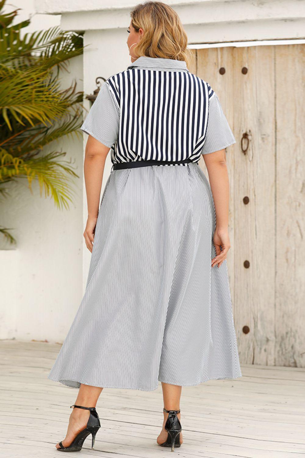 Eye-Catcher Button-Up Plus Size Striped Midi Shirt Dress - MXSTUDIO.COM