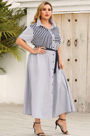 Eye-Catcher Button-Up Plus Size Striped Midi Shirt Dress - MXSTUDIO.COM