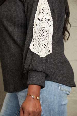 Eye-Catching Lace Patch Detail Plus Size Black Sweater - MXSTUDIO.COM