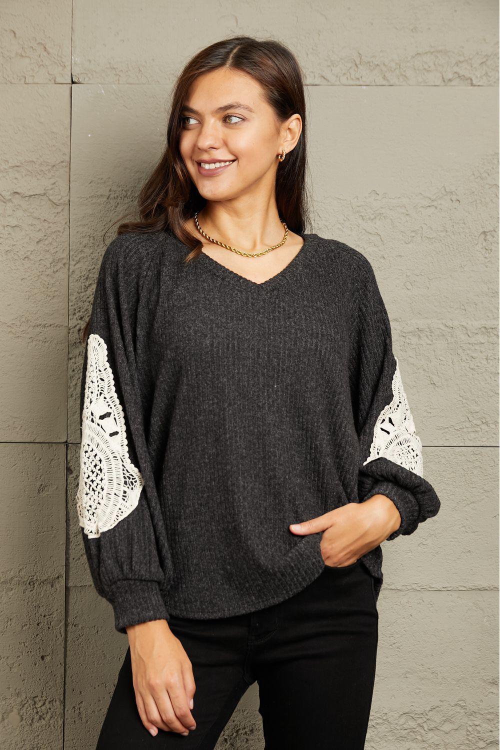 Eye-Catching Lace Patch Detail Plus Size Black Sweater - MXSTUDIO.COM