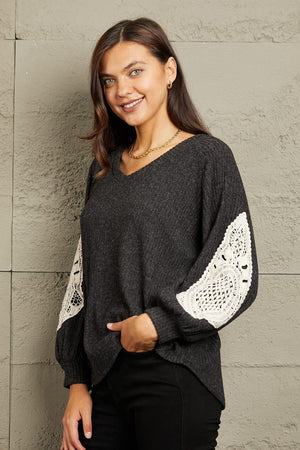 Eye-Catching Lace Patch Detail Plus Size Black Sweater - MXSTUDIO.COM