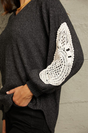 Eye-Catching Lace Patch Detail Plus Size Black Sweater - MXSTUDIO.COM