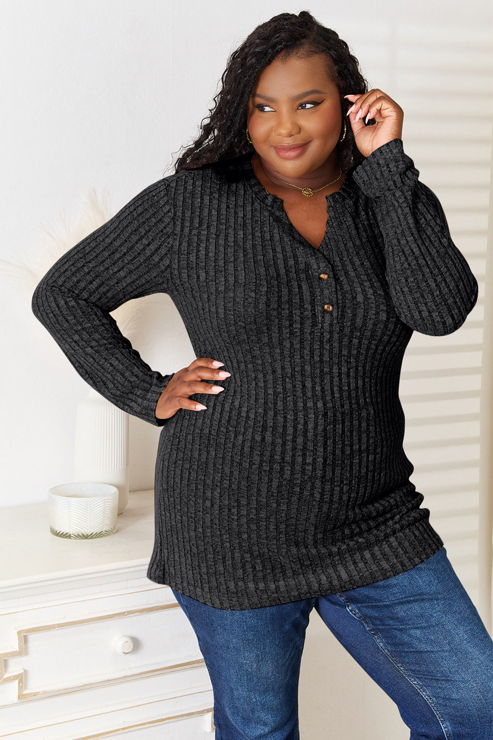 High-Fashion Plus Size Khaki Ribbed Long Sleeve T-Shirt