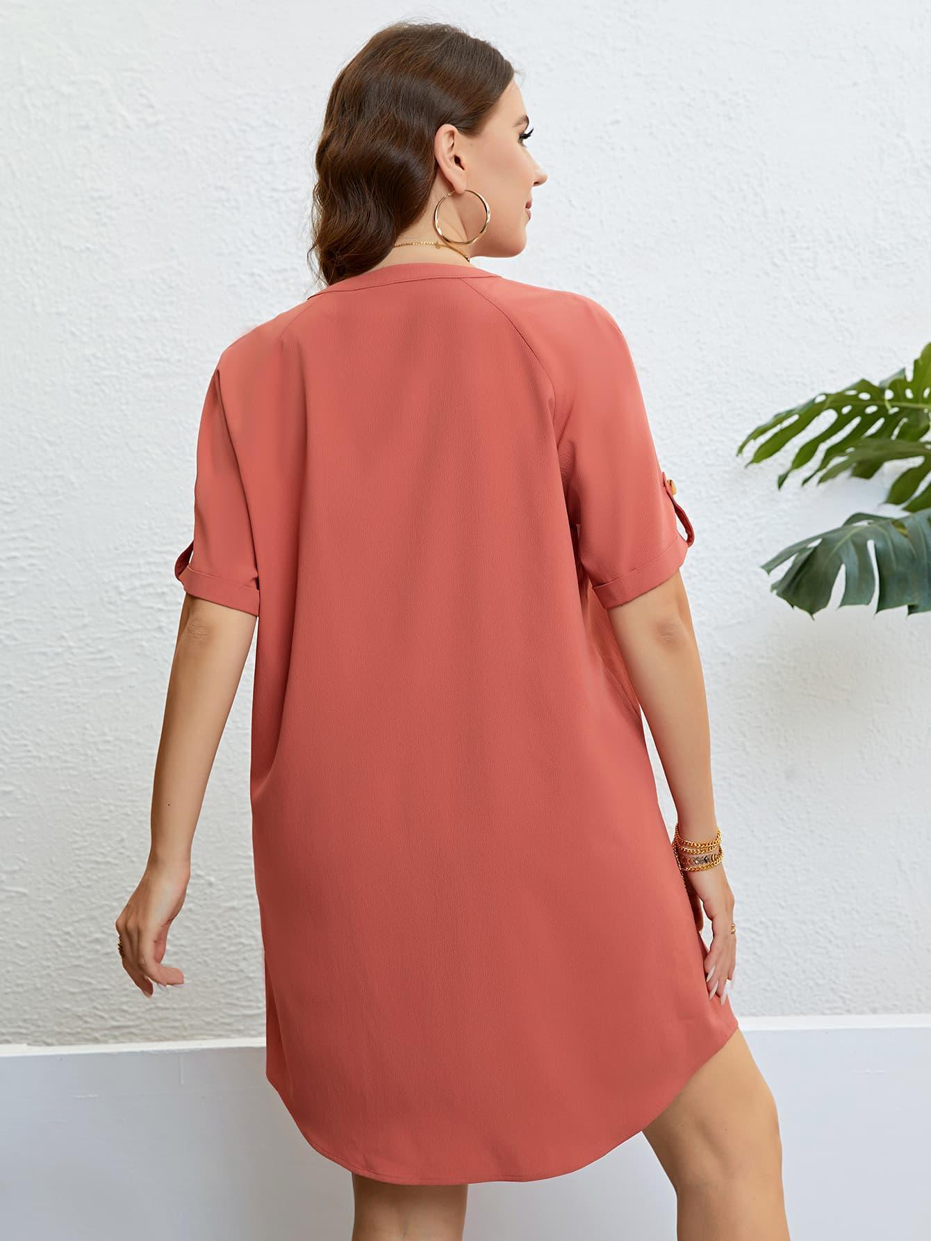 Fabulous Half Sleeve Plus Size Coral Shift Dress - MXSTUDIO.COM