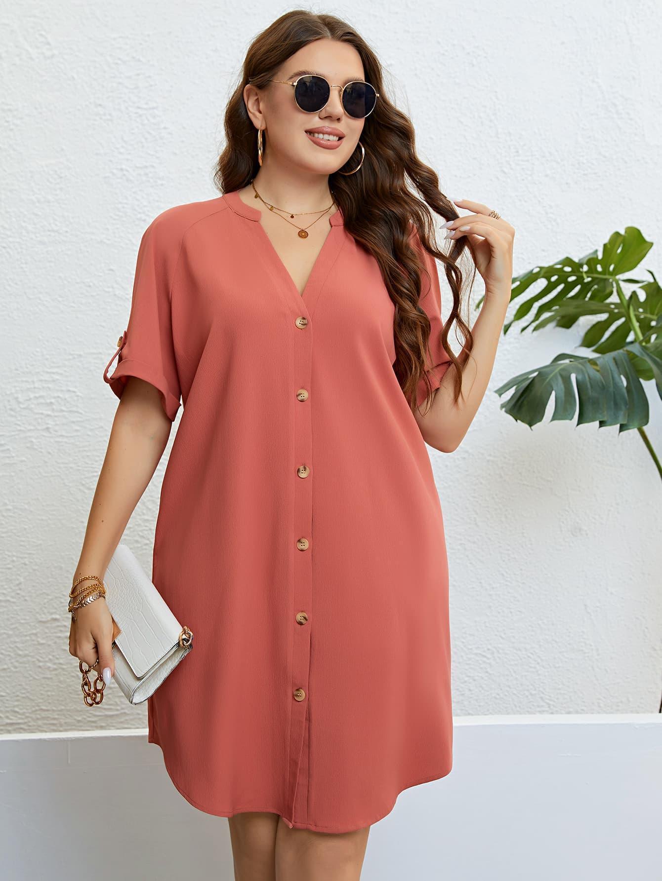 Fabulous Half Sleeve Plus Size Coral Shift Dress - MXSTUDIO.COM