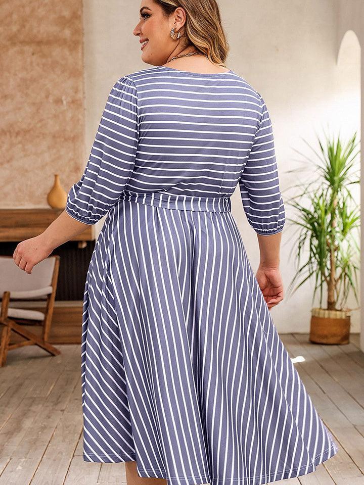 Fabulous Tie Waist Misty Blue Plus Size Striped Dress - MXSTUDIO.COM