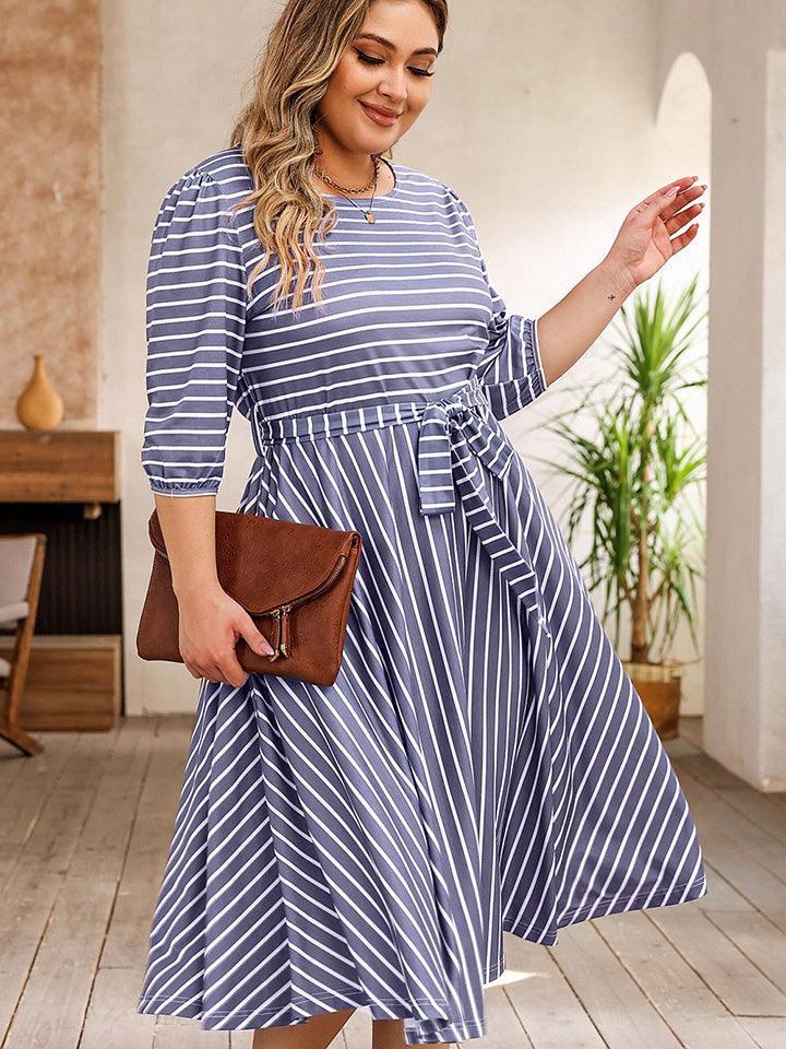 Fabulous Tie Waist Misty Blue Plus Size Striped Dress - MXSTUDIO.COM