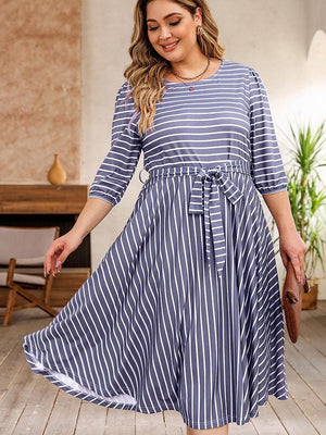 Fabulous Tie Waist Misty Blue Plus Size Striped Dress - MXSTUDIO.COM