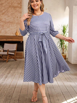 Fabulous Tie Waist Misty Blue Plus Size Striped Dress - MXSTUDIO.COM