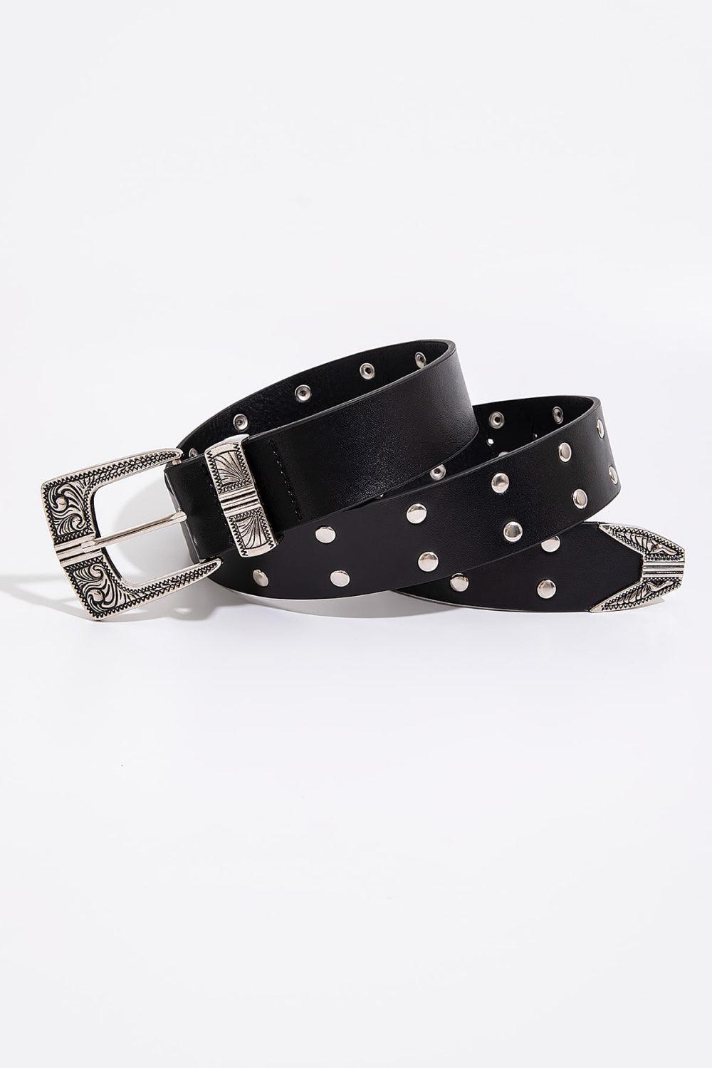 Fashion-Forward Double Row Black Studded Leather Belt - MXSTUDIO.COM