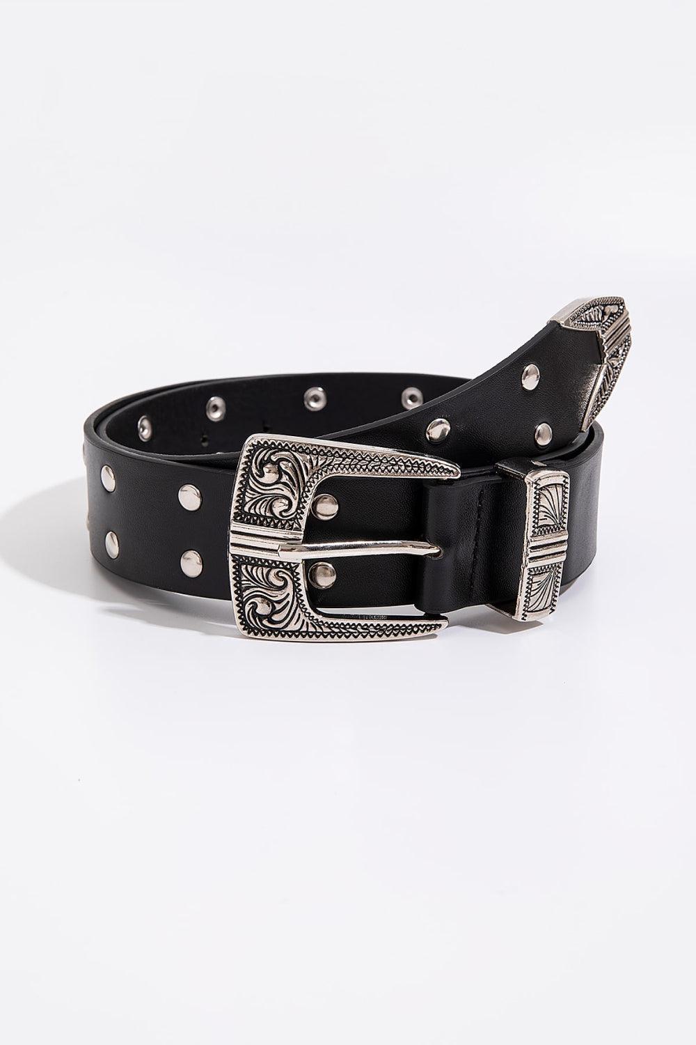 Fashion-Forward Double Row Black Studded Leather Belt - MXSTUDIO.COM