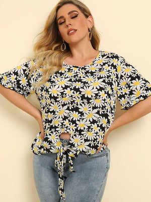 Feel Good Tie Front Plus Size Floral Blouse - MXSTUDIO.COM