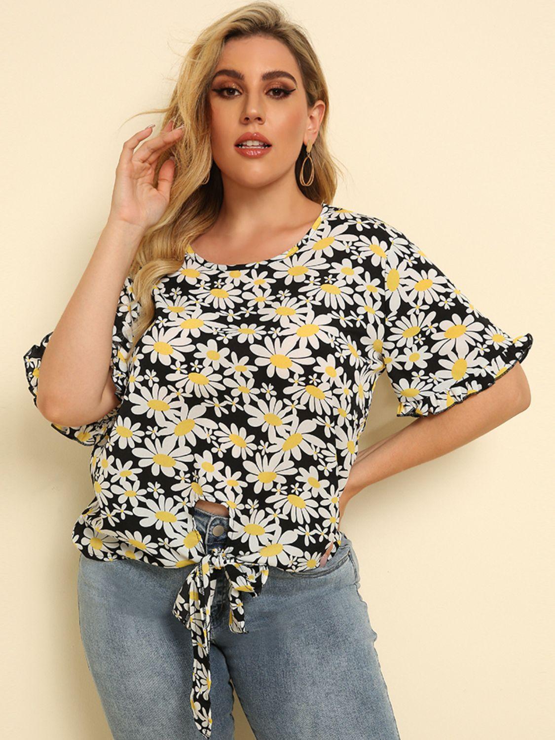 Feel Good Tie Front Plus Size Floral Blouse - MXSTUDIO.COM