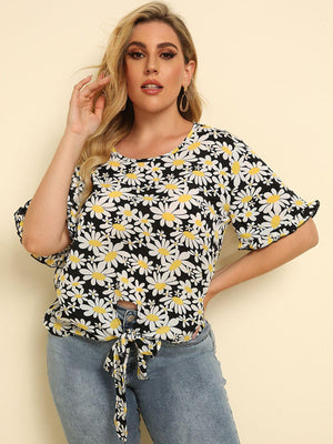 Feel Good Tie Front Plus Size Floral Blouse - MXSTUDIO.COM