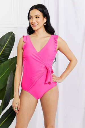 Festive Plus Size Faux Wrap Pink One Piece Swimsuit - MXSTUDIO.COM