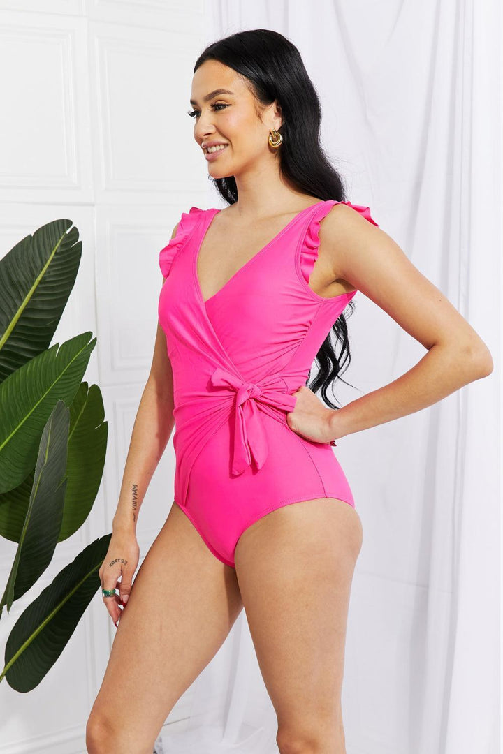 Festive Plus Size Faux Wrap Pink One Piece Swimsuit - MXSTUDIO.COM