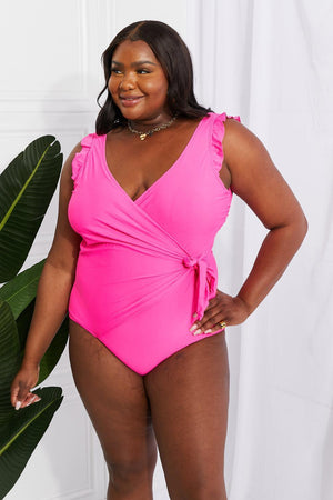 Festive Plus Size Faux Wrap Pink One Piece Swimsuit - MXSTUDIO.COM