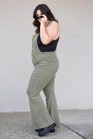 Fitted Flare Plus Size Sage Tummy Control Overalls - MXSTUDIO.COM