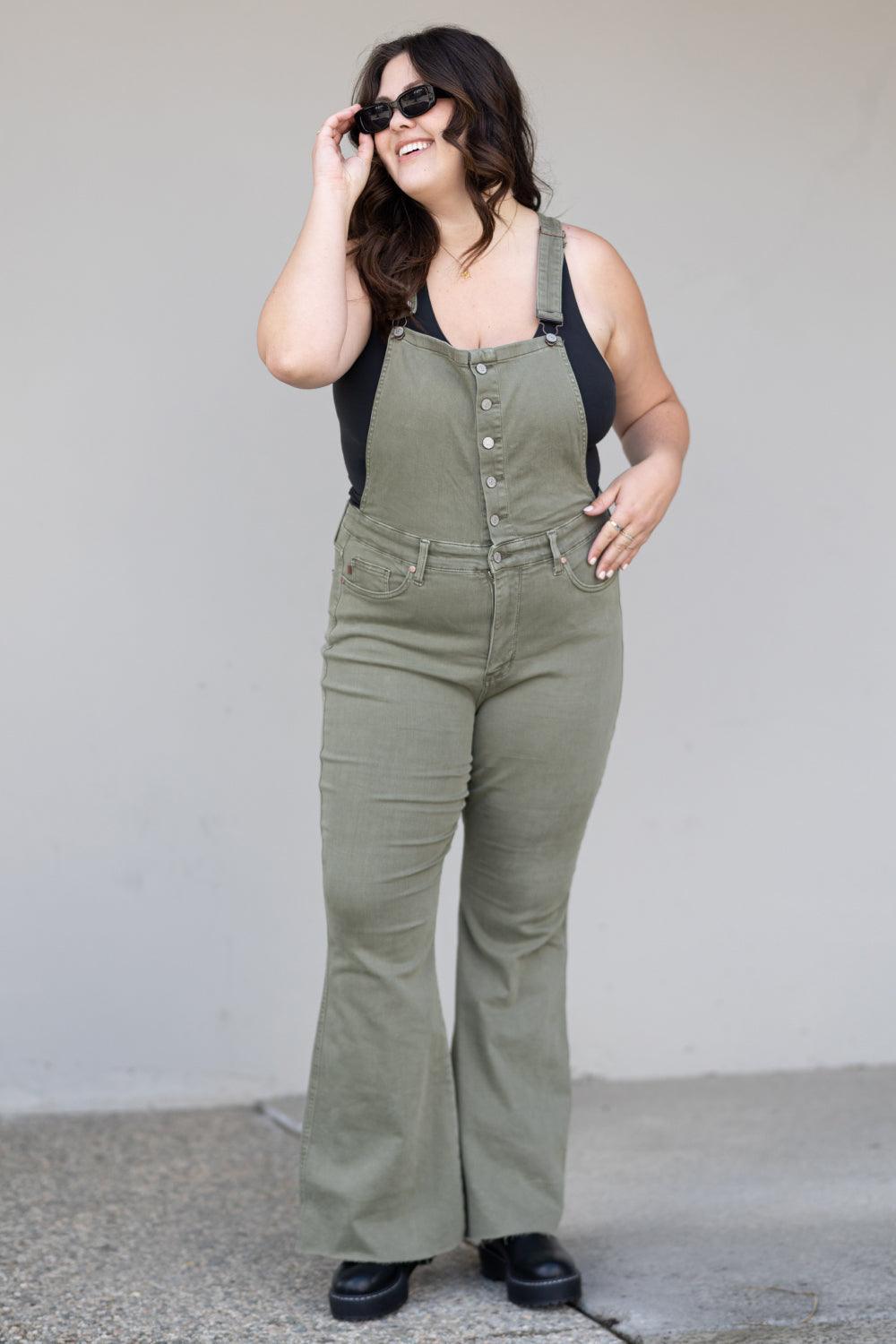 Fitted Flare Plus Size Sage Tummy Control Overalls - MXSTUDIO.COM