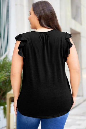 Flattering Notched Flutter Sleeve Plus Size Black Blouse - MXSTUDIO.COM