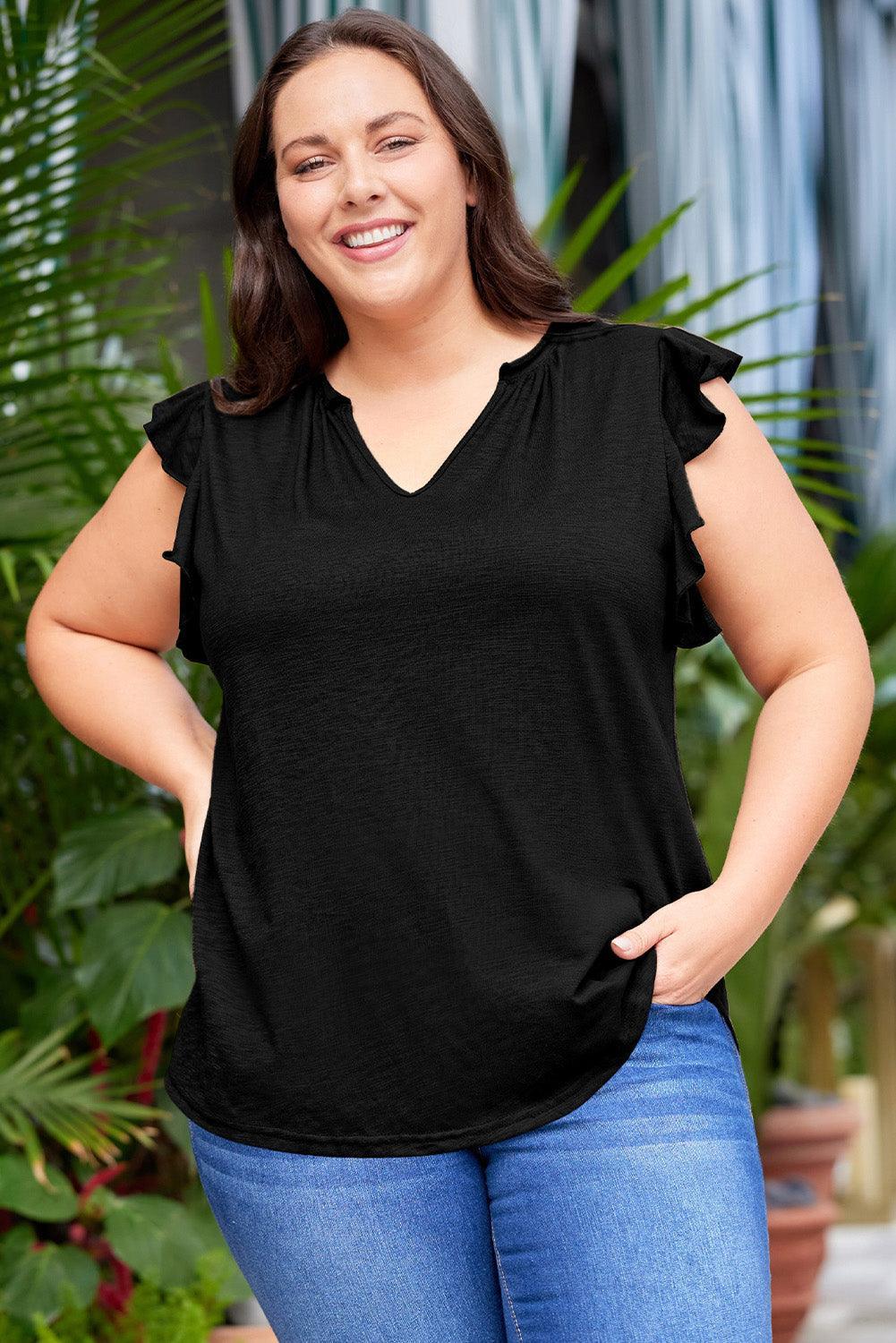 Flattering Notched Flutter Sleeve Plus Size Black Blouse - MXSTUDIO.COM