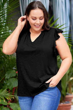 Flattering Notched Flutter Sleeve Plus Size Black Blouse - MXSTUDIO.COM