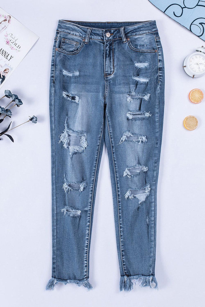 Flirty Frayed Hem Distressed Cropped Skinny Jeans - MXSTUDIO.COM