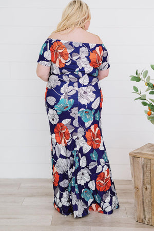 Floor Length Off-Shoulder Fishtail Plus Size Floral Dress - MXSTUDIO.COM