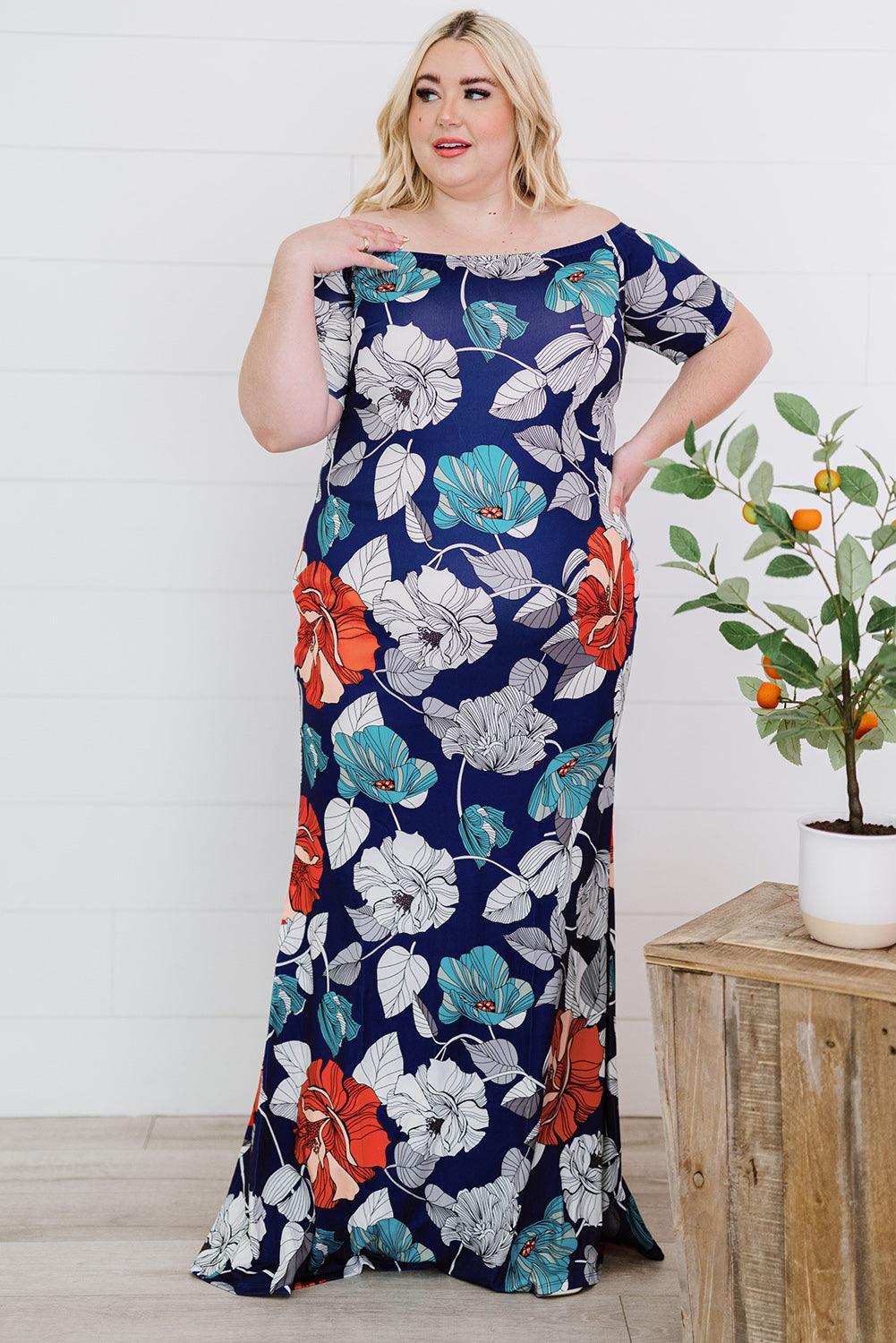 Floor Length Off-Shoulder Fishtail Plus Size Floral Dress - MXSTUDIO.COM