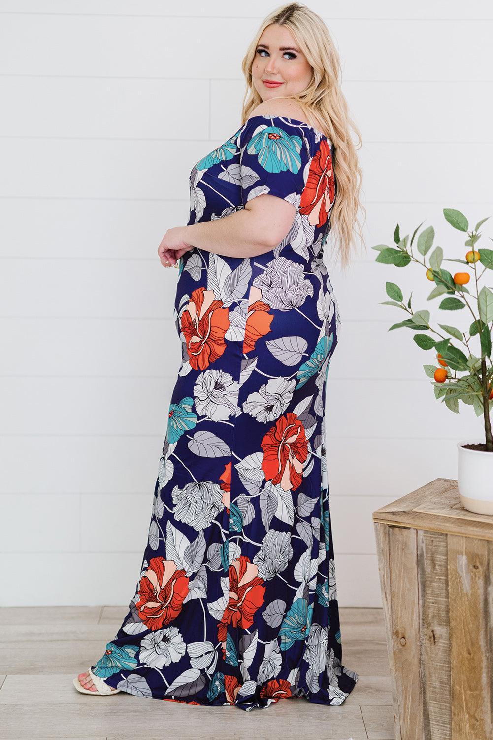 Floor Length Off-Shoulder Fishtail Plus Size Floral Dress - MXSTUDIO.COM