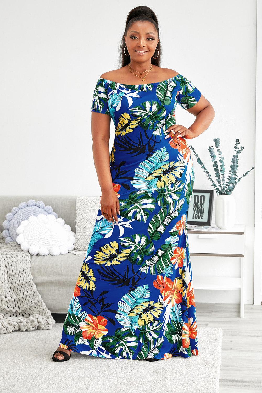 Floor Length Off-Shoulder Fishtail Plus Size Floral Dress - MXSTUDIO.COM