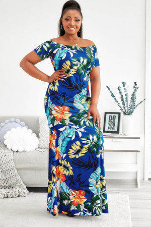 Floor Length Off-Shoulder Fishtail Plus Size Floral Dress - MXSTUDIO.COM