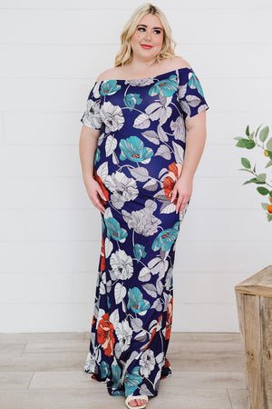 Floor Length Off-Shoulder Fishtail Plus Size Floral Dress - MXSTUDIO.COM