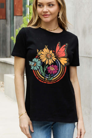 Flower And Butterfly Plus Size Graphic T Shirt - MXSTUDIO.COM