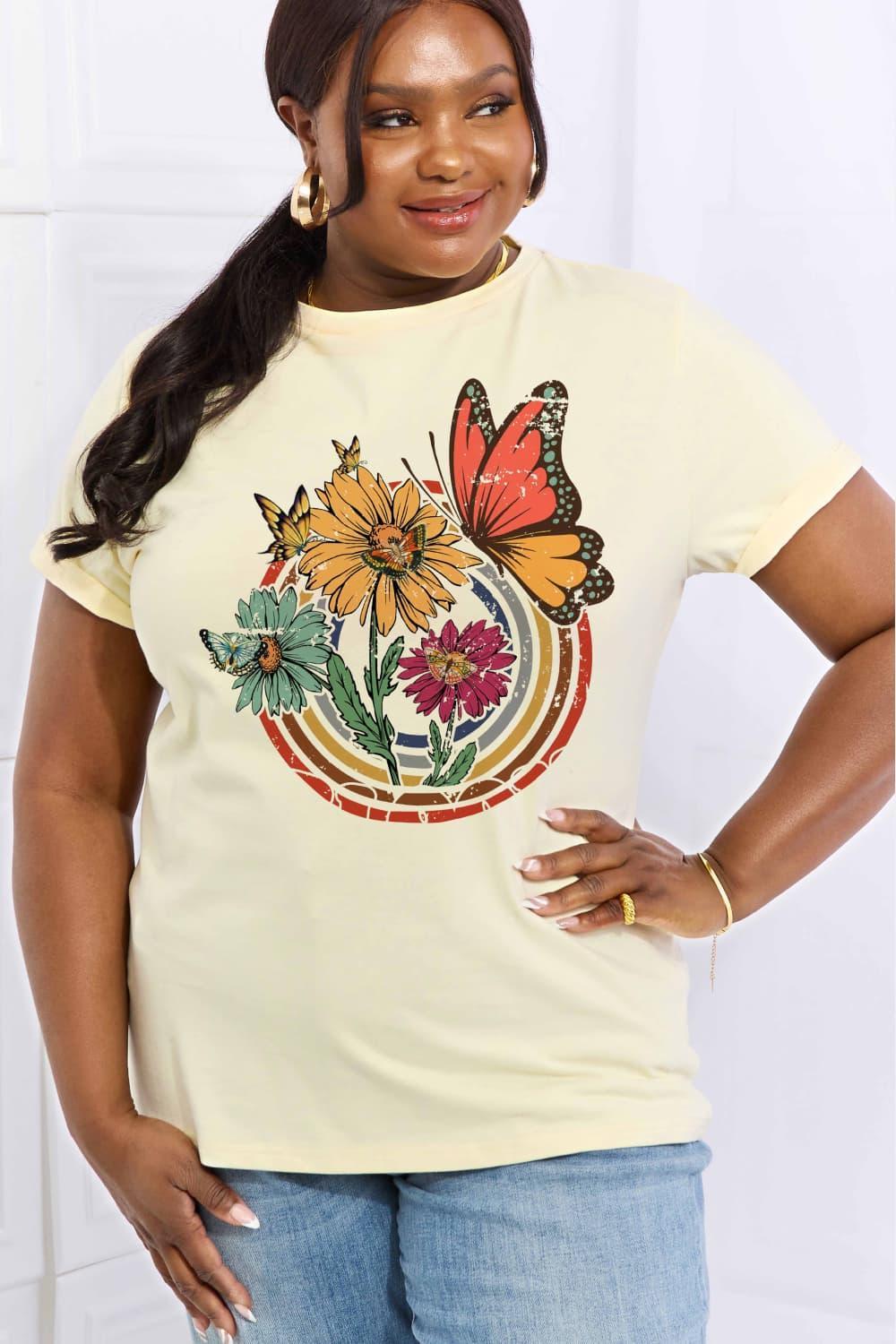 Flower And Butterfly Plus Size Graphic T Shirt - MXSTUDIO.COM