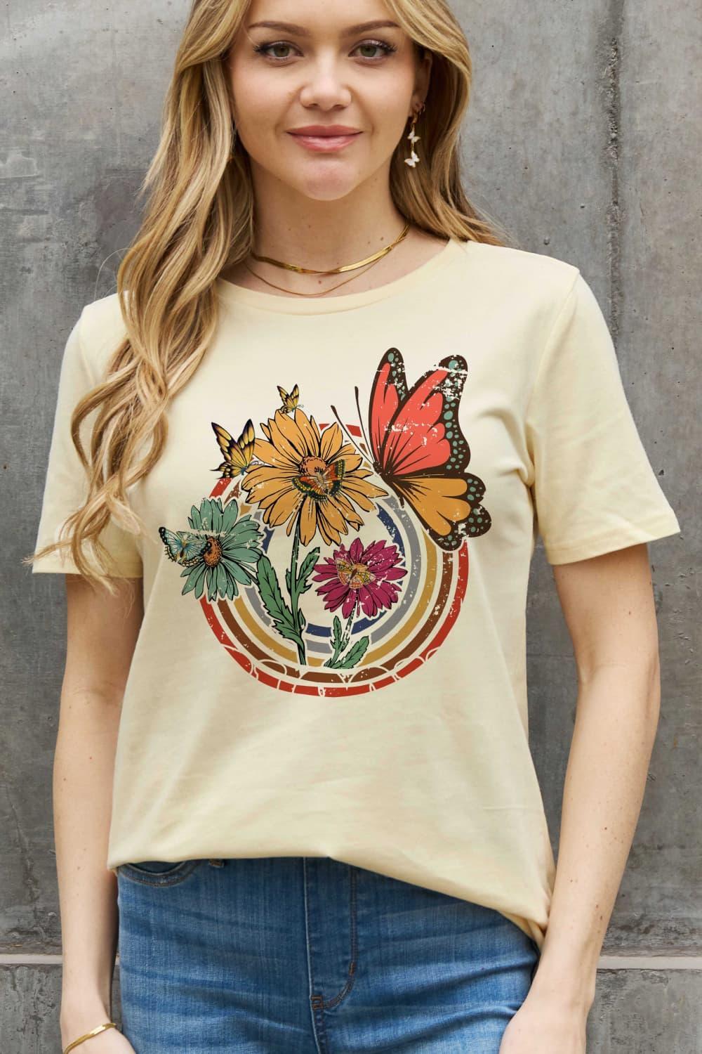 Flower And Butterfly Plus Size Graphic T Shirt - MXSTUDIO.COM