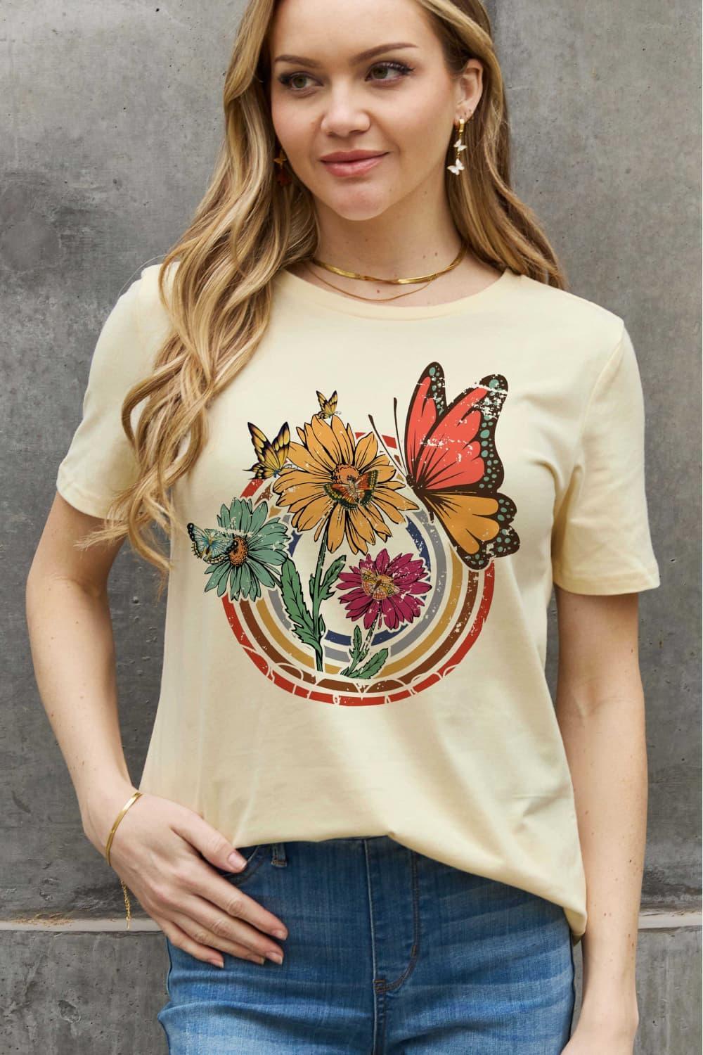 Flower And Butterfly Plus Size Graphic T Shirt - MXSTUDIO.COM