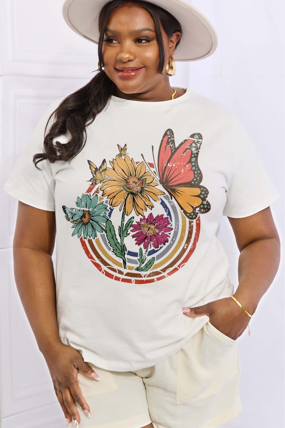 Flower And Butterfly Plus Size Graphic T Shirt - MXSTUDIO.COM