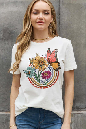 Flower And Butterfly Plus Size Graphic T Shirt - MXSTUDIO.COM