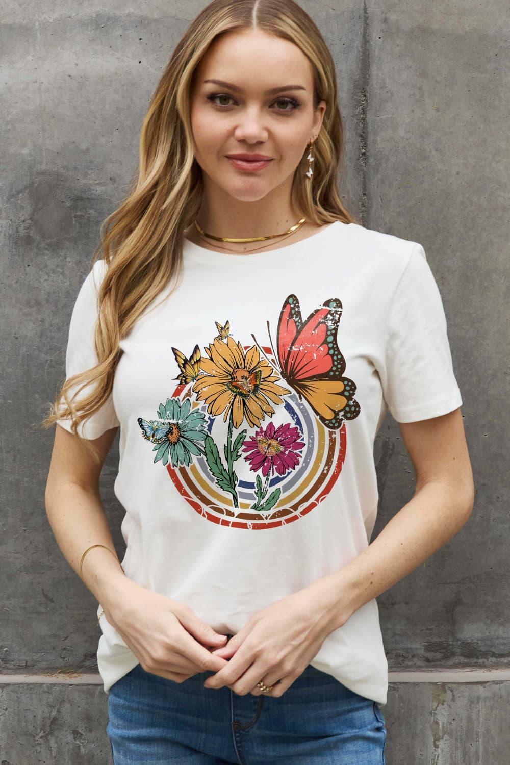 Flower And Butterfly Plus Size Graphic T Shirt - MXSTUDIO.COM