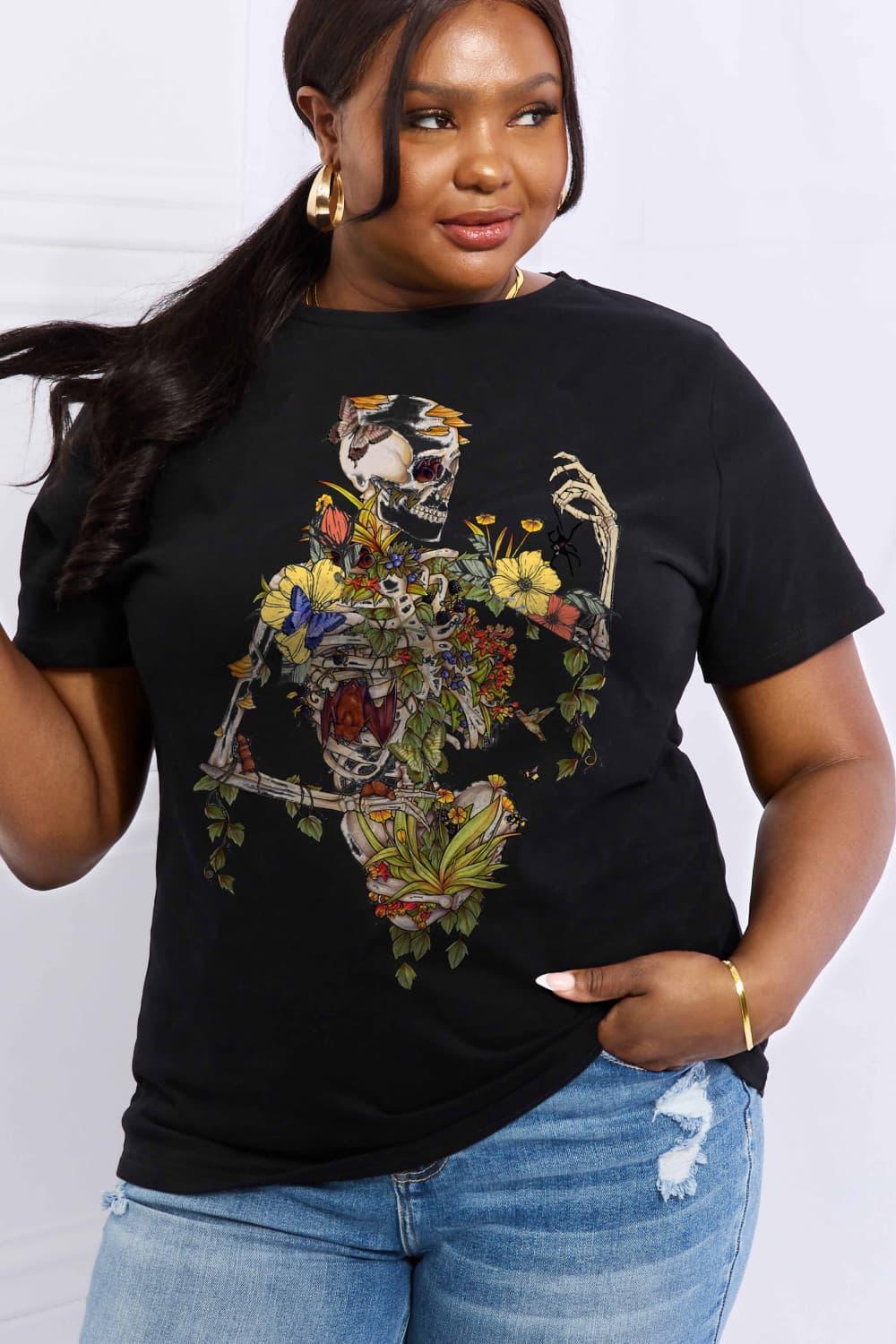 Flower Plus Size Graphic Skeleton T Shirt - MXSTUDIO.COM